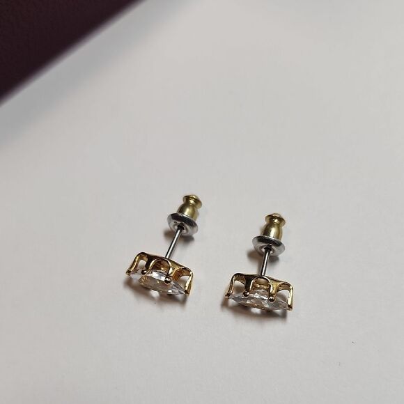 Gold Tone Marquise Cut Stud Earrings CZ - Picture 4 of 4